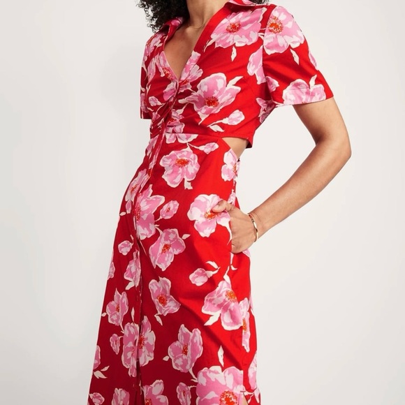Old Navy M Cutout Midi Red Floral Dress - Picture 2 of 4